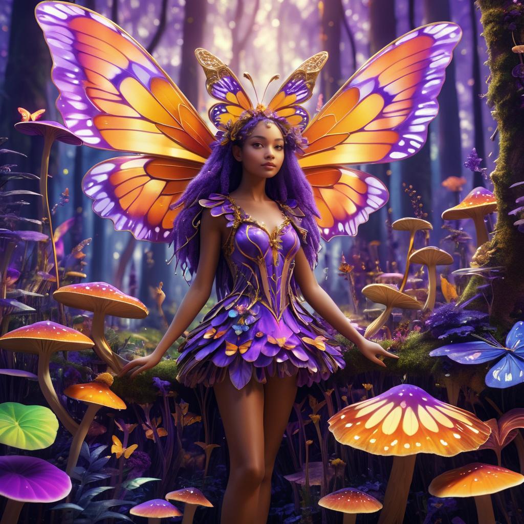 Whimsical Girl with Butterfly Wings in Fungi