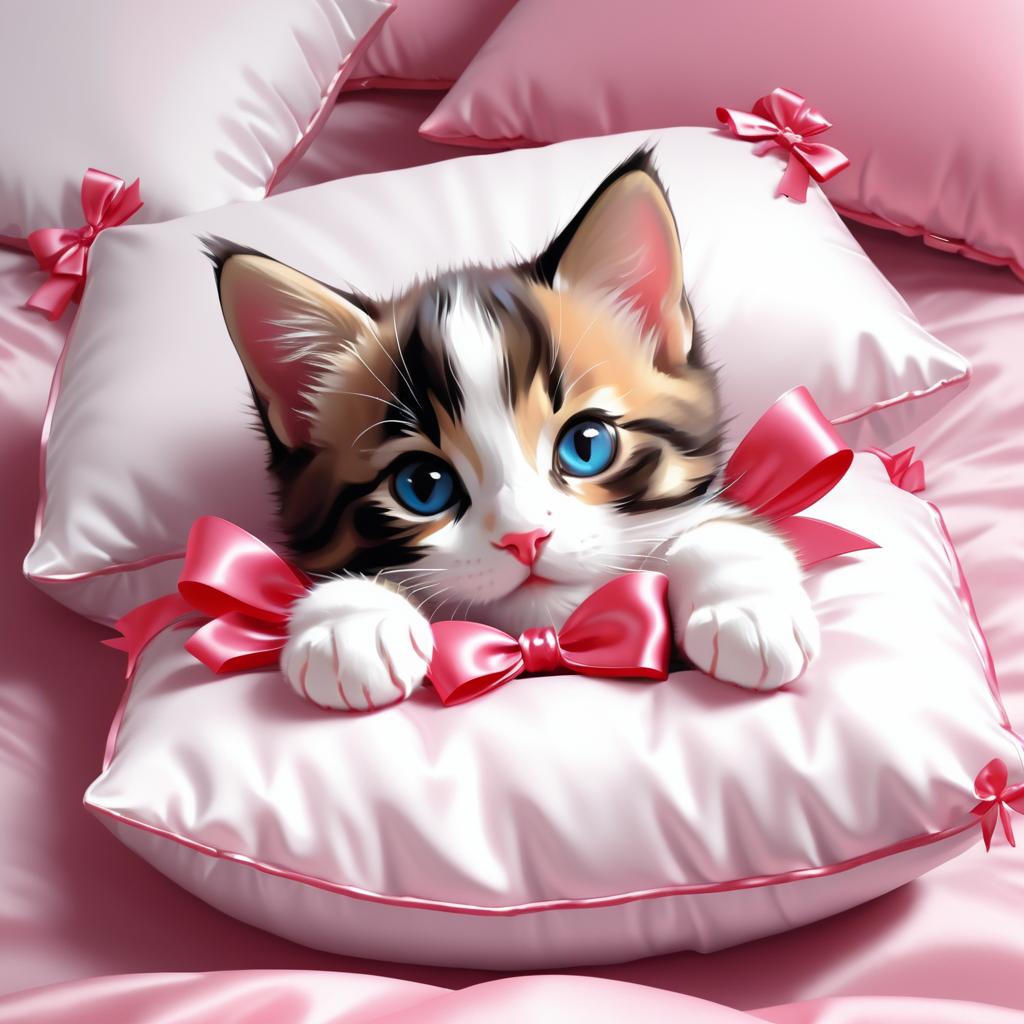 Playful Kitten with Bow on Pillows