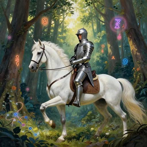 Digital painting of a knight in shiny silver armor riding a white horse through a magical forest with glowing runes and symbols.