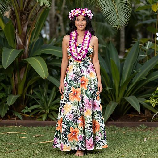 Photograph of a smiling Asian woman in a floral-patterned dress and lei, standing in a lush, tropical garden.