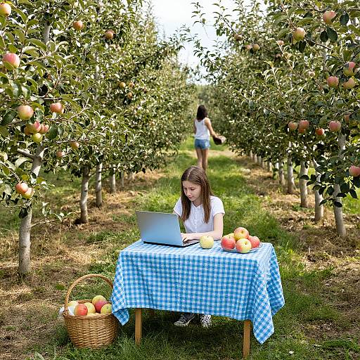 Girl Working in Apple Orchard Garden