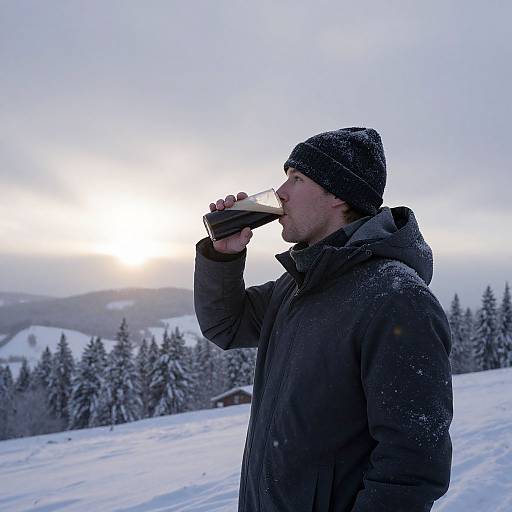 Man Enjoying Winter Blizzard Sunrise