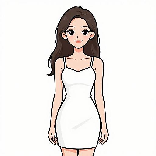 Digital anime-style drawing of a smiling woman with long black hair, wearing a white, sleeveless, form-fitting dress, standing against a plain white
