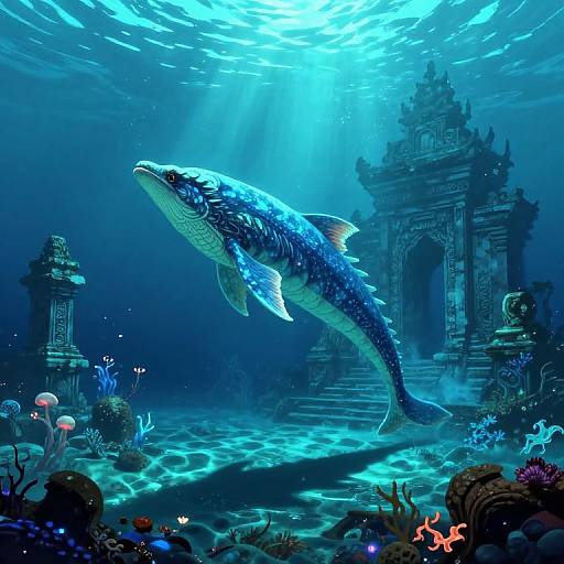 Digital artwork of a bioluminescent shark swimming through a sunlit underwater temple ruins, surrounded by coral and marine life.