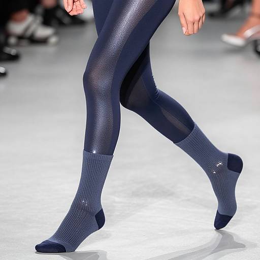 Photograph of a model's legs in shiny, dark blue, textured tights and ribbed, dark blue ankle socks, walking on a white runway