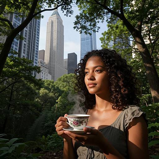 Photograph of a curly-haired Black woman with medium brown skin, wearing a gray top, holding a steaming floral tea cup in a sunlit,