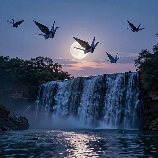 Photograph of a twilight waterfall with five silhouetted birds flying against a moonlit sky, creating a serene, mystical scene.
