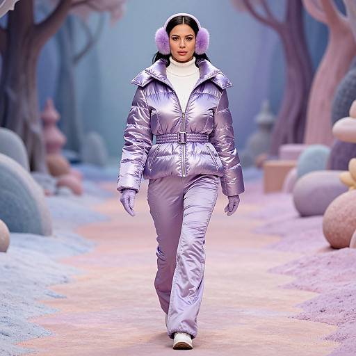 Photograph of a confident woman walking down a snowy runway in a silver puffer jacket, matching pants, white turtleneck, and purple earmuffs