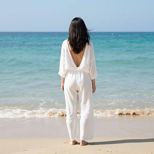Photograph of a woman with long black hair, wearing a white, backless, loose-fitting jumpsuit, standing barefoot on a sandy beach