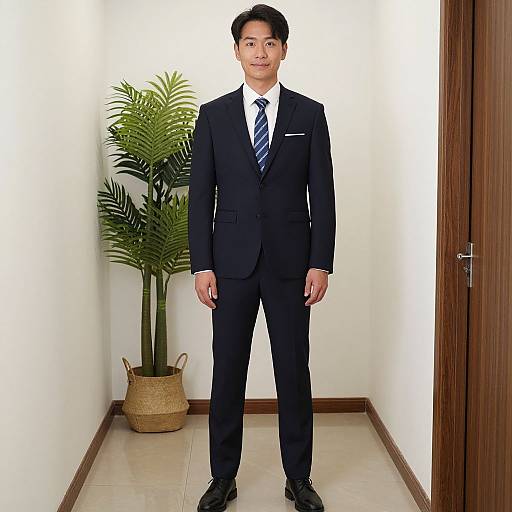 Photograph of an Asian man in a black suit, white shirt, and striped tie, standing in a white-walled room with a wooden door and