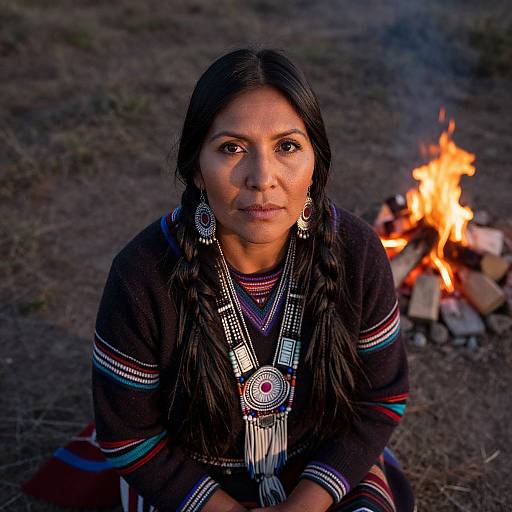 Photograph of a serious Native American woman with long black hair, wearing traditional beaded jewelry and striped black shawl, seated by a campfire at