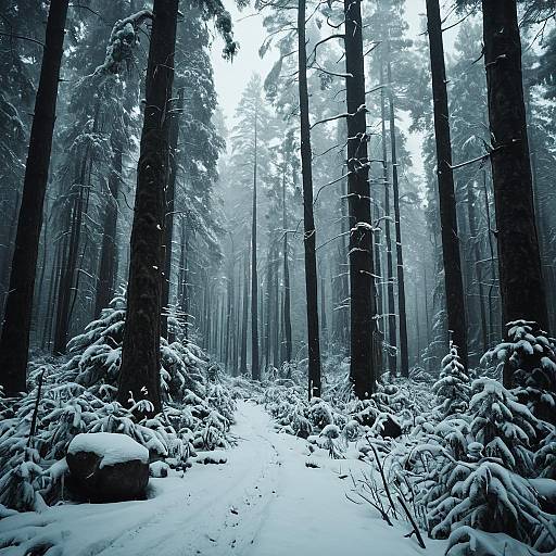 Snow-Covered Mystical Winter Forest Path