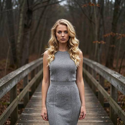 Photograph of a blonde woman with wavy hair, wearing a gray, form-fitting knit dress, standing on a wooden bridge in a dark,