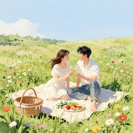 Digital illustration of a young couple picnicking in a vibrant, sunlit meadow, holding drinks, with a wicker basket and fruit on a