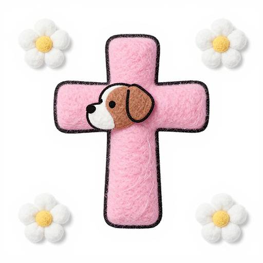 Digital illustration of a pink, textured cross with a brown and white dog's head in the center, surrounded by four white daisies with yellow centers