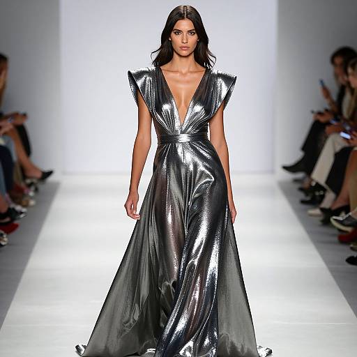 Photograph of a dark-haired model in a metallic black, deep V-neck gown with shoulder pads, walking down a brightly lit runway.