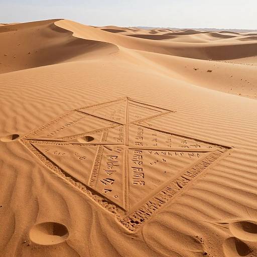 Photograph of a sunlit desert with a large, etched geometric triangle in the sand, surrounded by ripples and small holes.