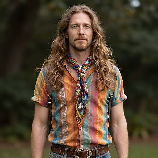 Photograph of a long-haired, bearded man with a colorful, tie-dye shirt, patterned necktie, and brown belt, standing outdoors