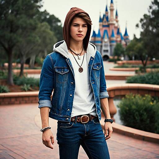 Teen Boy in Denim Outfit at Theme Park