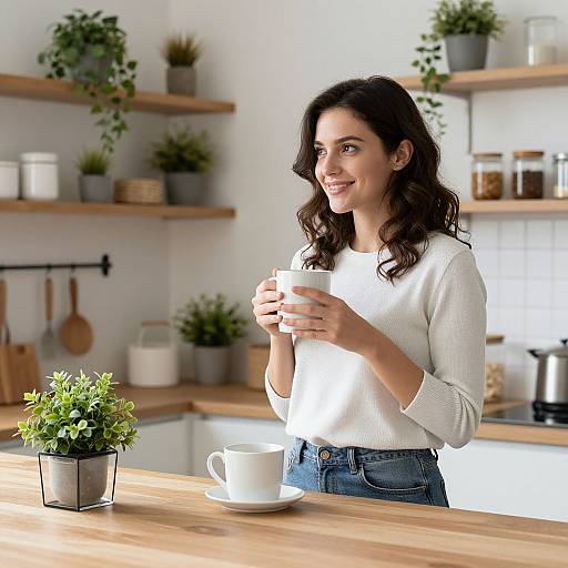 Photograph of a smiling woman with wavy dark hair, wearing a white sweater and blue jeans, holding a white mug in a bright, modern kitchen