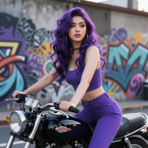 Elegant Purple-Haired Rider at Dusk