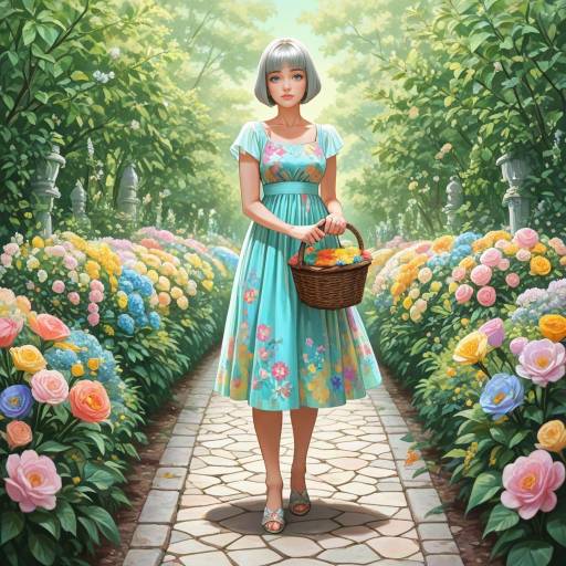 Elderly Lady in Colorful Garden Scene