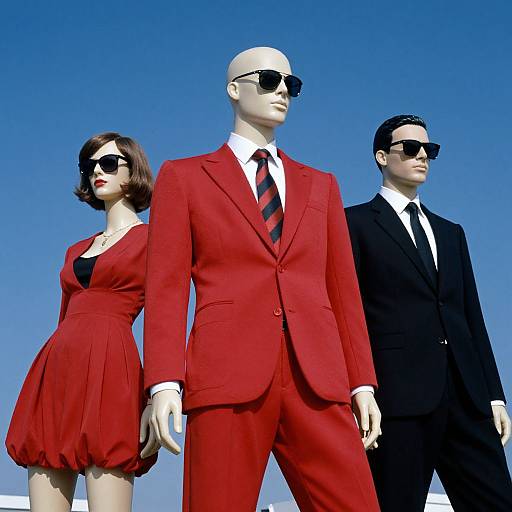Photograph of three mannequins in formal wear: woman in red dress, bald man in red suit, black-haired man in black suit,