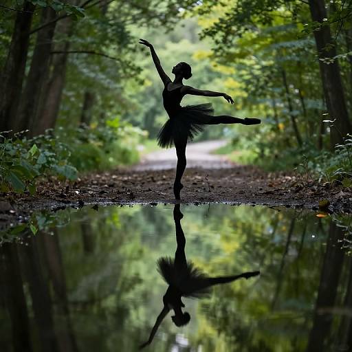 Silhouetted ballerina in tutu, balancing on one leg, reflected in a forest pond, surrounded by lush green trees. Photograph.
