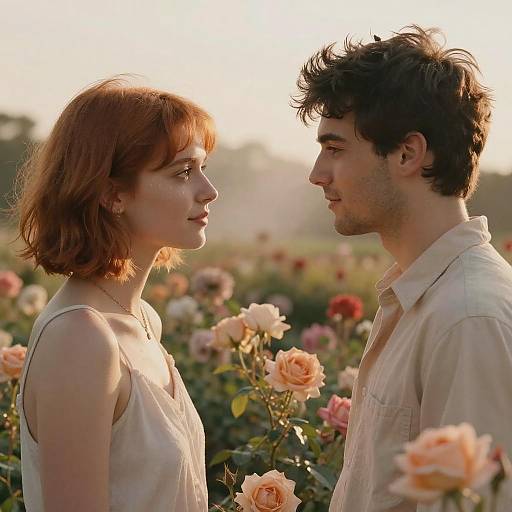 Photograph of a young couple with red and brown hair, standing in a rose garden at sunset, facing each other. Both wear white shirts, surrounded