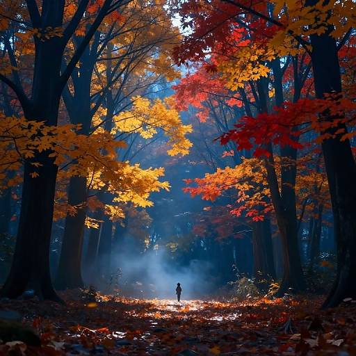 Photograph of a forest path with a solitary figure, surrounded by vibrant autumn leaves in orange, red, and yellow, with misty blue light filtering