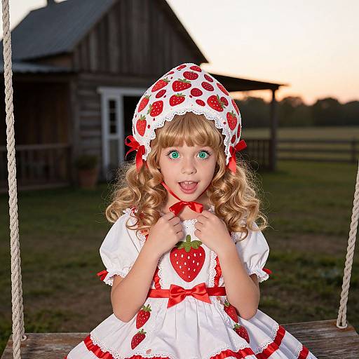 Photograph of a young girl with curly blonde hair, wearing a strawberry-themed white dress and bonnet, sitting on a wooden swing at sunset, with