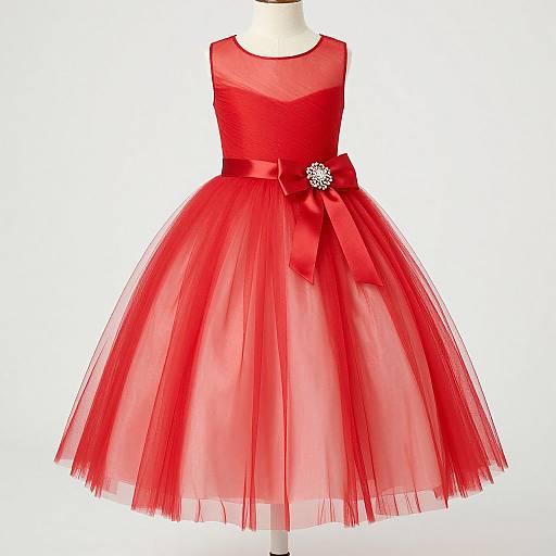 Photograph of a sleeveless, red, tulle, knee-length dress with a satin waistband, bow, and silver flower embellishment on a