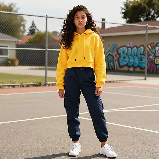 Photograph of a young woman with curly brown hair, wearing a bright yellow hoodie, dark blue cargo pants, and white sneakers, standing on a sun