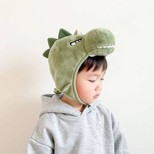 Boy in Hoodie with Dinosaur Hat