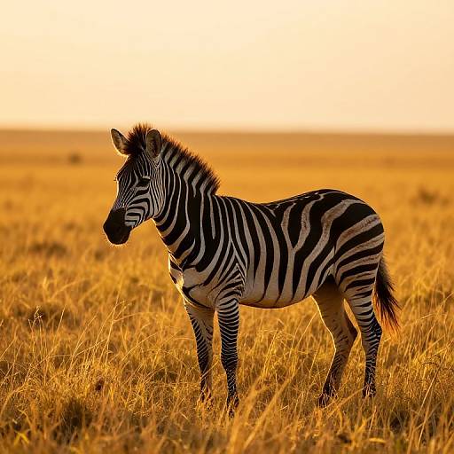 Photograph of a zebra standing in a golden savanna at sunset, highlighting its black and white stripes against a glowing, warm background.