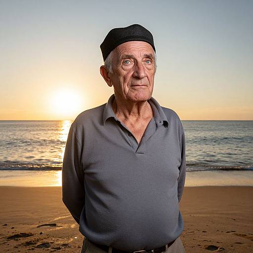 Photograph of elderly man with wrinkled face, wearing black cap and gray polo shirt, standing on beach at sunset, ocean in background.