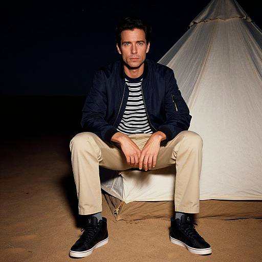 Photograph of a young man with short dark hair, sitting in front of a white tent at night, wearing a black jacket, striped shirt, beige