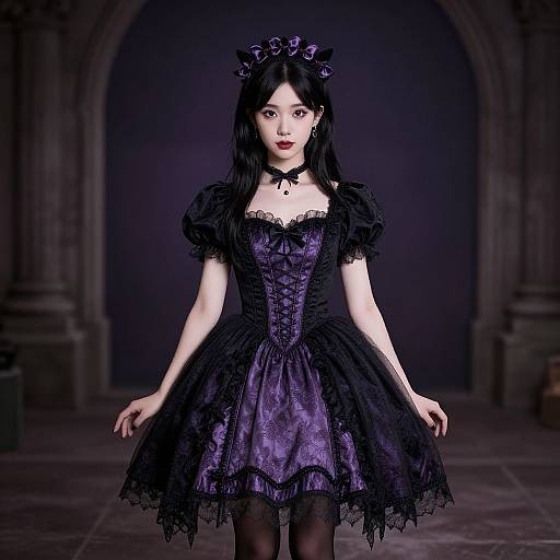 Digital illustration of an Asian woman in a gothic, purple and black lace dress with a lace crown, standing in a dimly lit, arched