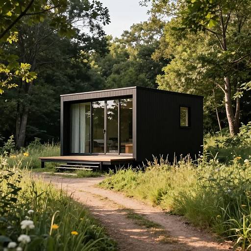 Photograph of a modern, black, rectangular cabin with large glass windows, nestled in a lush, green forest along a dirt path.