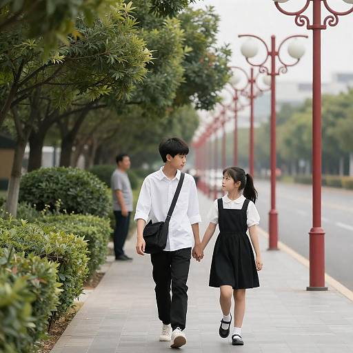 Children Walking Hand in Hand on Sidewalk