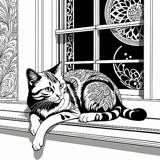 Vibrant Cat Illustration on Window Sill Vibrant Cat Illustration on Window Sill