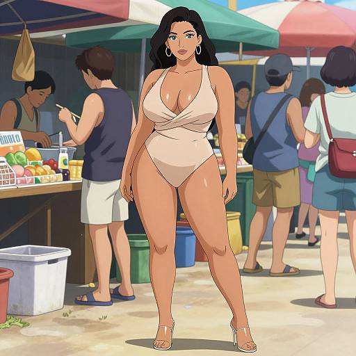 Digital anime-style drawing of a curvy, tan-skinned woman with large breasts in a white, low-cut one-piece swimsuit at a bustling outdoor