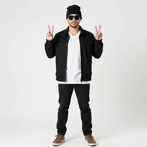Photograph of a young man in a black beanie, sunglasses, black jacket, white shirt, black pants, and brown shoes, flashing dual peace