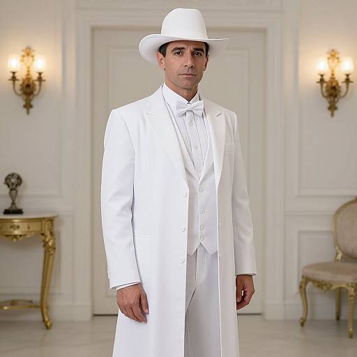 Photograph of a Middle Eastern man in a white cowboy hat, long white coat, and suit, standing in an elegant white room with ornate wall