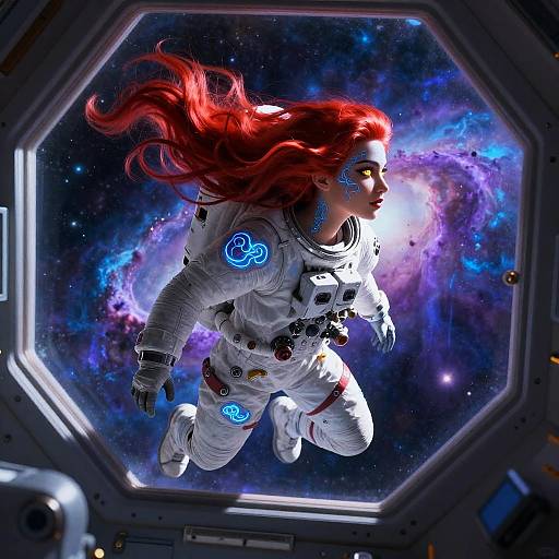 Female Astronaut Floating in Space Station Window