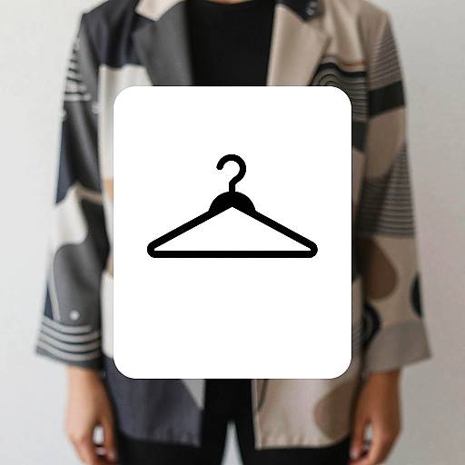 Photograph of a person in a black-and-white patterned jacket, with a white square overlay containing a black hanger icon.