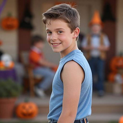 Photograph of a smiling young boy with short brown hair, wearing a sleeveless blue shirt, standing outdoors at a Halloween-themed event with blurred pumpkins