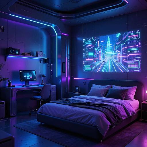 Neon-lit futuristic bedroom with glowing blue and purple LED lights, modern desk with monitor, and a bed with white and gray bedding. Cyberpunk