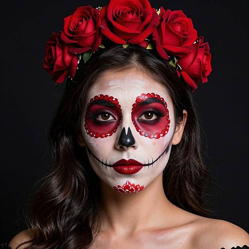 Photograph of a woman with white face paint, red flower accents, black nose, and red roses in her hair, against a black background. D