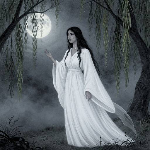 Mysterious woman in glowing white dress, long black hair, moonlit forest, outstretched hand, ethereal, digital art, dark trees,
